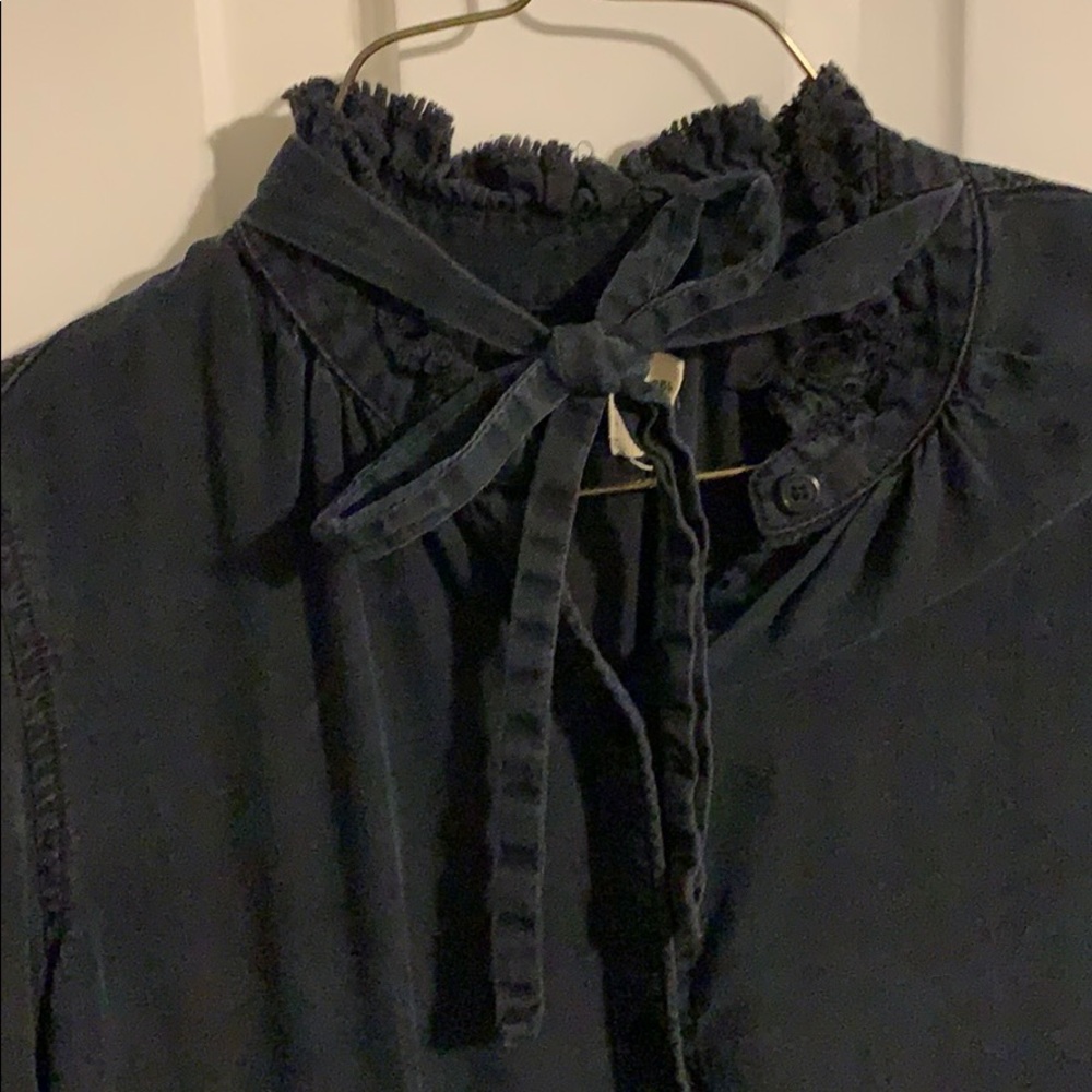 Black Tie-Neck Chambray Blouse